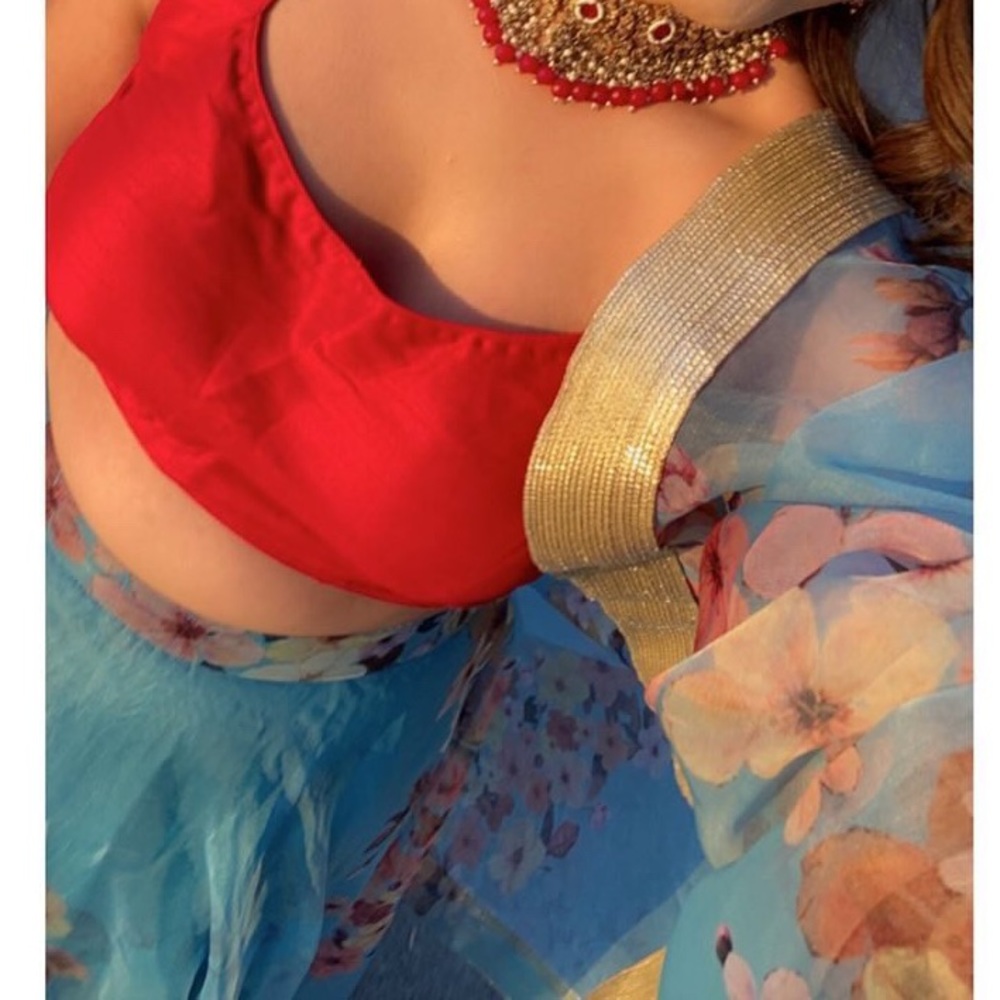 Dusty Blue Floral Organza Lehenga w/o Blouse - Picture 3 of 5
